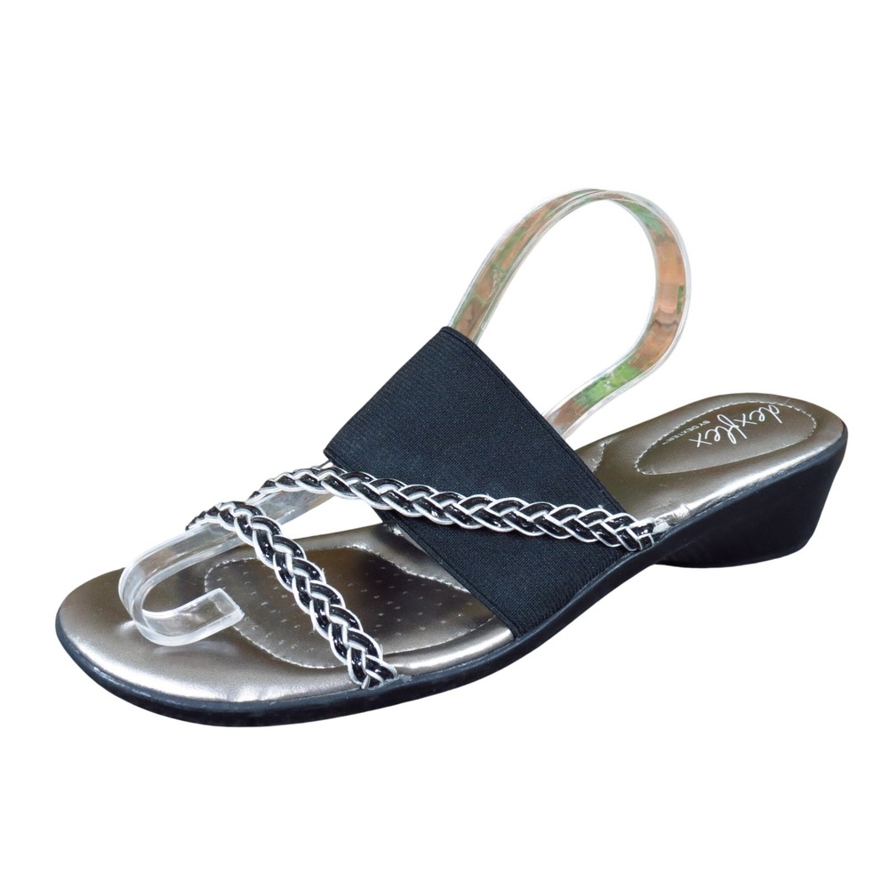Dexflex by Dexter Women Slide Sandal Size 8 Comfort Wedge Black Silver Braided